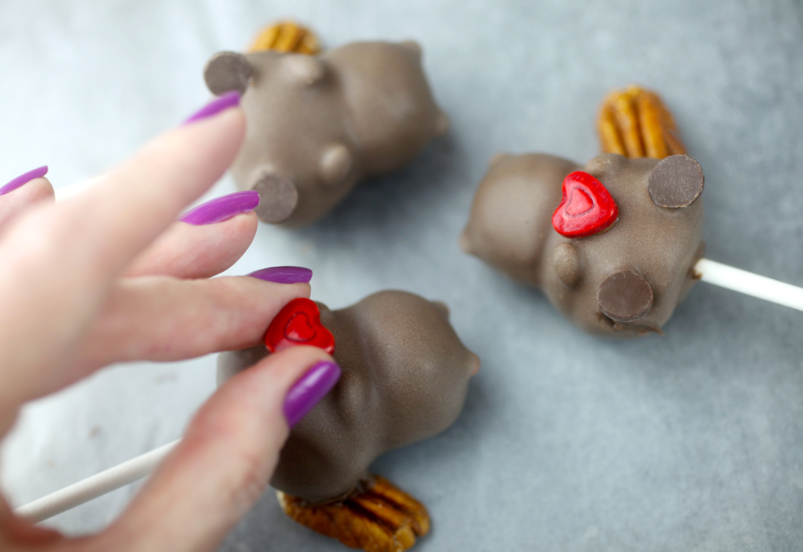 Beaver cake pop holding heart candy